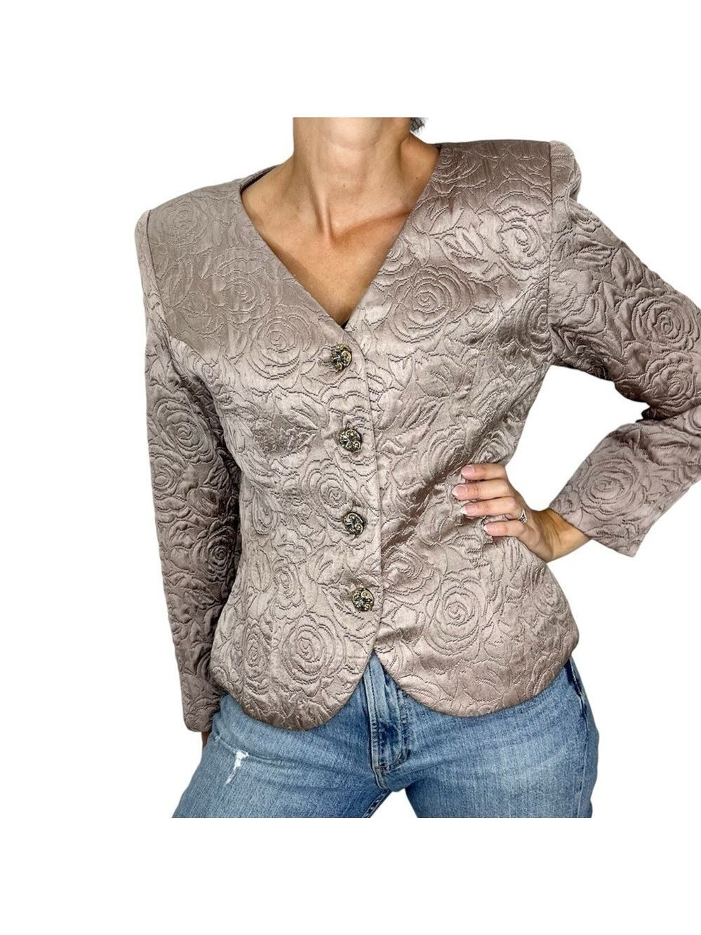 Vintage Creations Diane Lacasse taupe quilted satin floral cropped blazer jacket